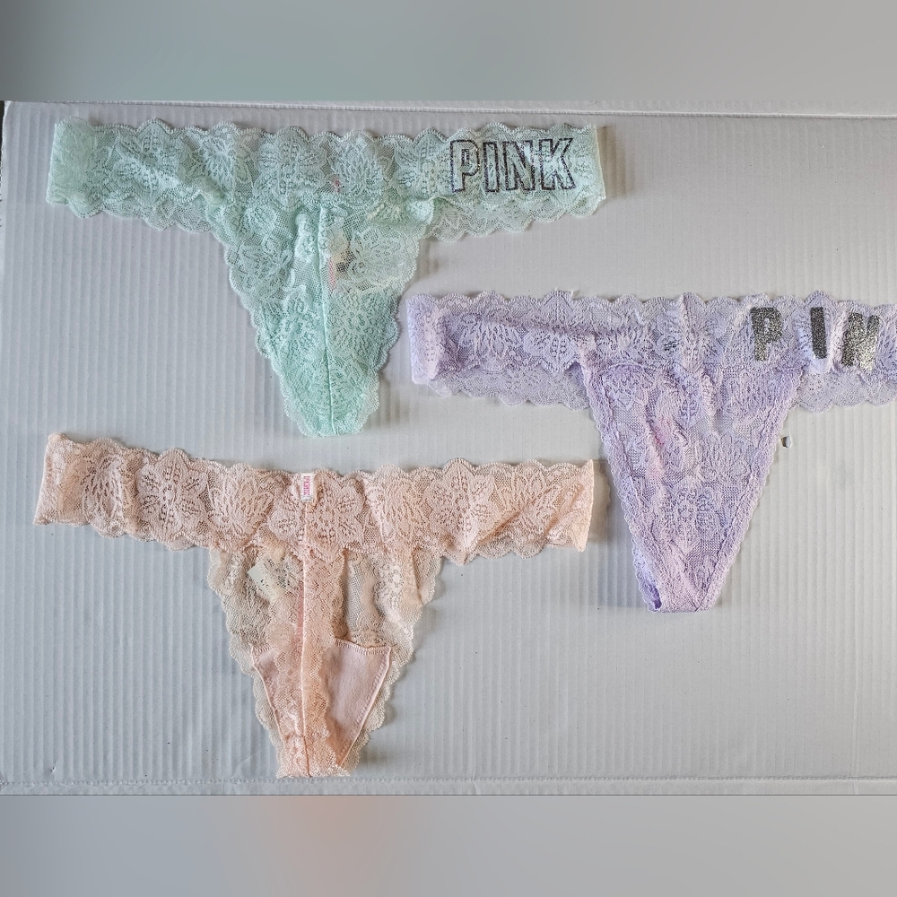 PINK Victoria's Secret Lace Thong Trio - Mint, Lavender, Peach